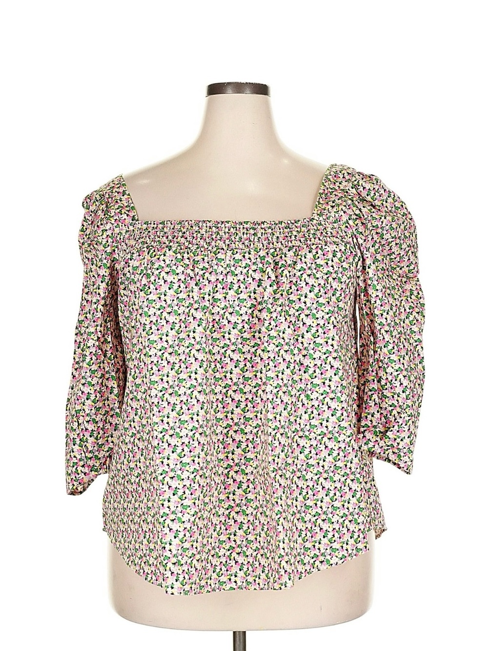 H&M Floral Smocked Square-Neck Blouse in Pink and Green